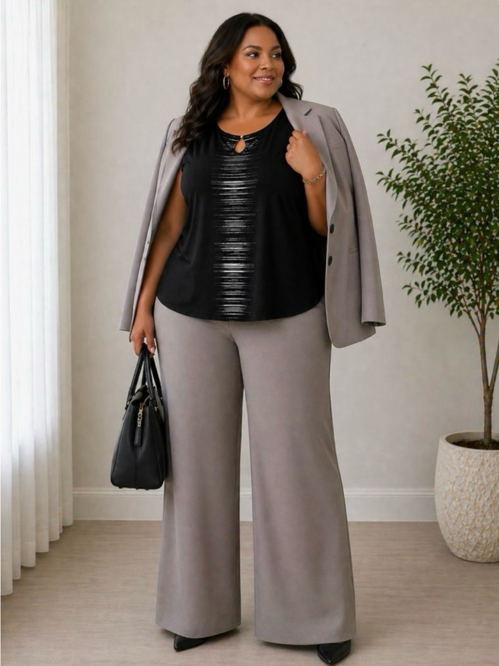 Calvin Klein Layering Black Sleeveless Ombré Stripe Keyhole Blouse 3X Basic